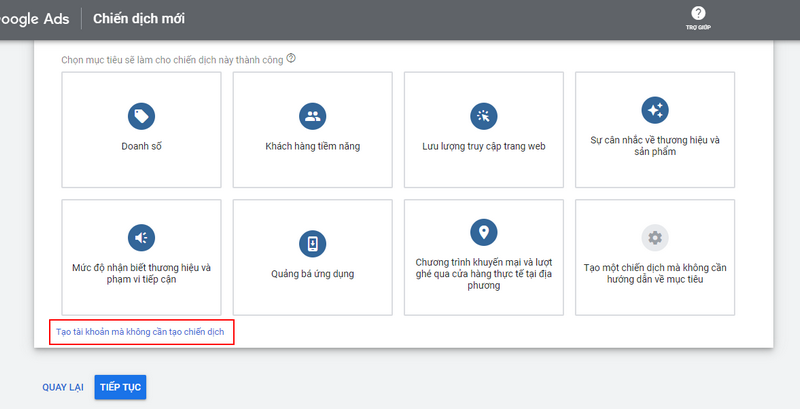 Tạo tài khoản mà không cần chiến dịch