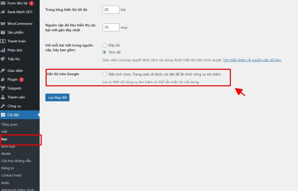 Nếu tích chọn, Trang web sẽ được cài đặt để ẩn khỏi công cụ tìm kiếm