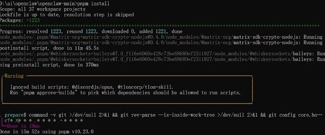 cài đặt pnpm trên folder openclaw thành công