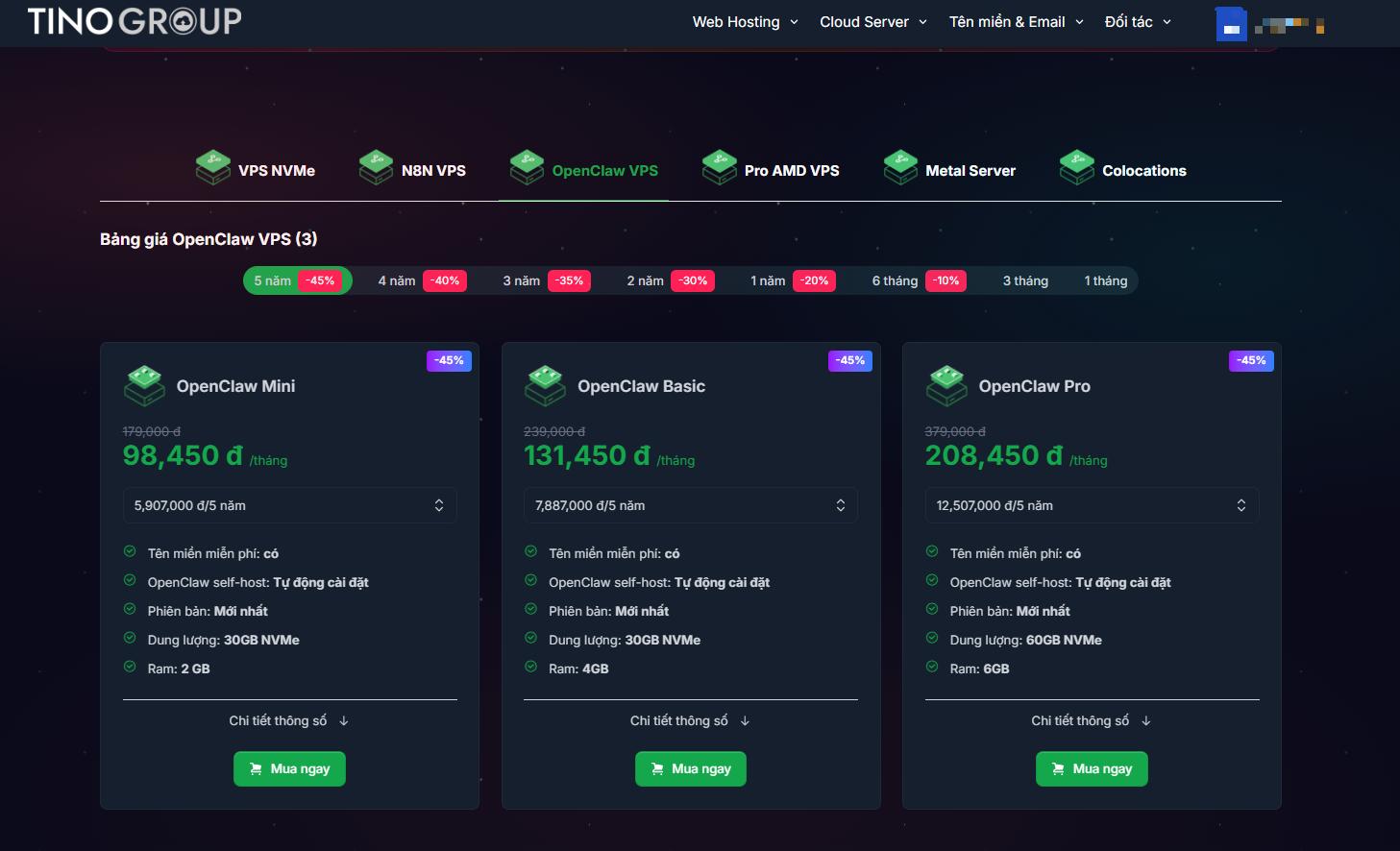 truy cập mua VPS Openclaw của Tino