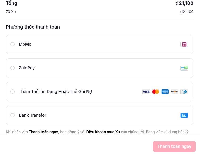 phương thức thanh toán nạp xu trên Tiktok