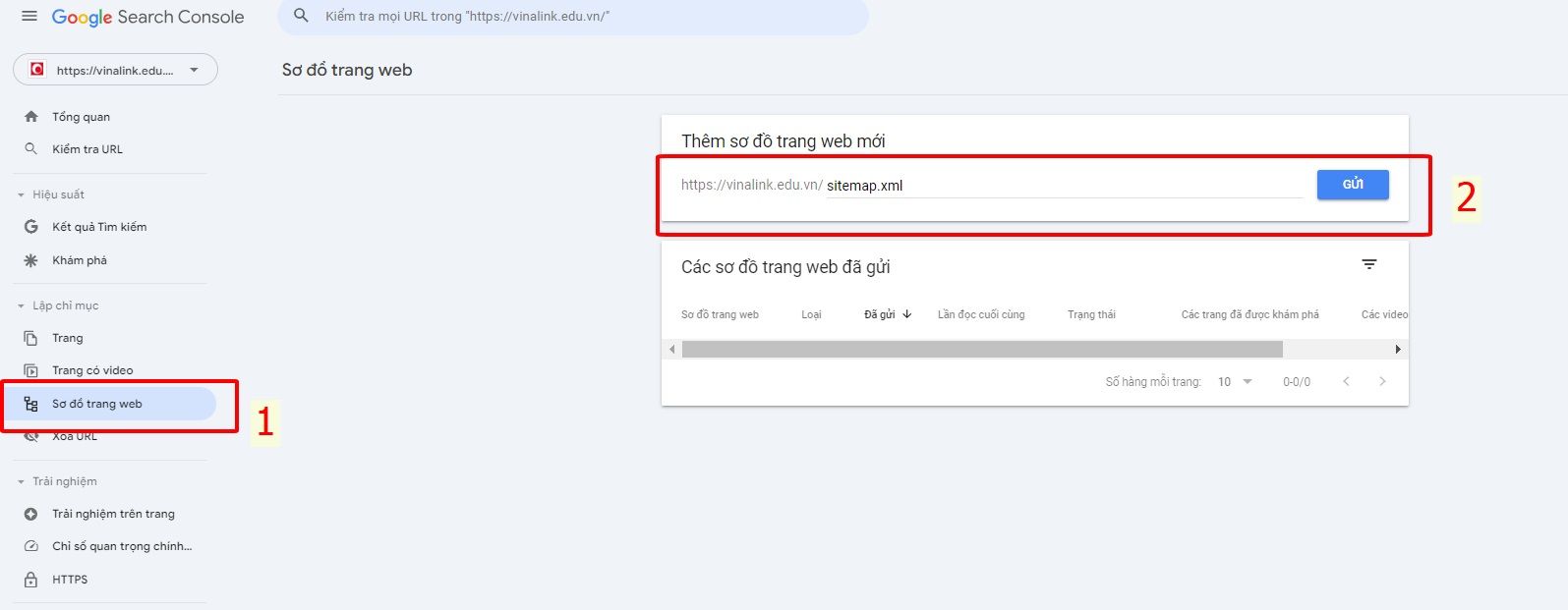 gửi sitemap trong google search console