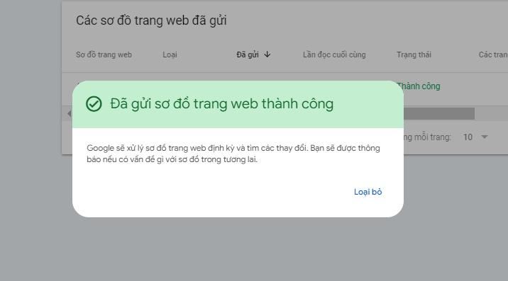 gửi sitemap trong GSC thành công