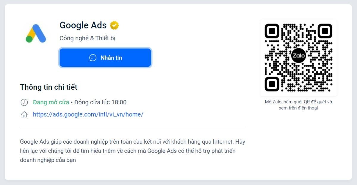 Zalo AO chính thức của Google Ads tại Việt Nam