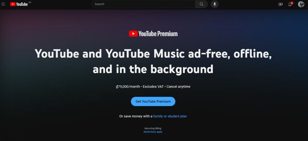 Đăng ký Youtube Premium chỉ với 79.000 VNĐ/tháng để loại bỏ quảng cáo khi sử dụng Youtube
