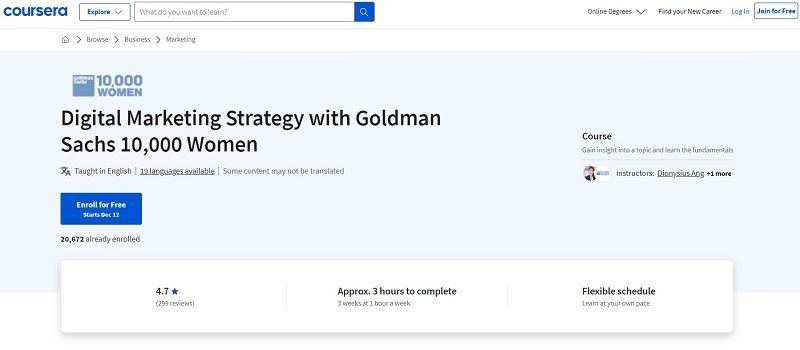 Chứng chỉ Digital Marketing Strategy with Goldman Sachs 10,000 Women