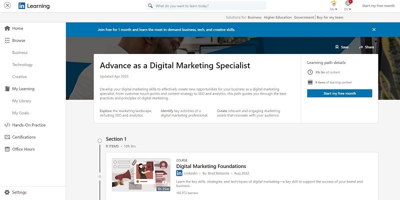 Khoá học Advance as a Digital Marketing Specialist của Linkedin Learning